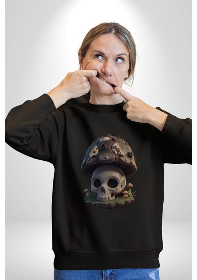 Kurukafa Mantar Ev Unisex Siyah Baskılı Sweatshirt Siyah