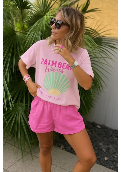 Palm Beach Waves Baskılı Unisex Tshırt Pembe