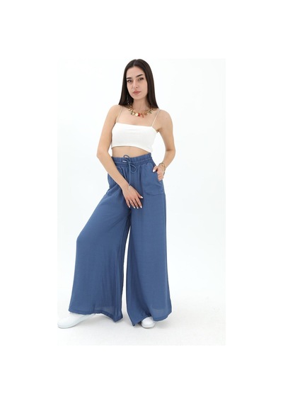 Wpr Geniş Kemerli Bol Paça Düz Keten Kadın Pantolon - Mavi-mavi Mavi Wpr Geniş Kemerli Bol Paça Düz Keten Kadın Pantolon - Mavi-mavi Mavi