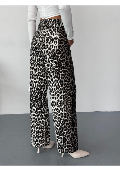 Kadın Kahve-beyaz Leopar Desenli Wide-leg Yüksek Bel Kot Pantolon Denim Kumaş Kahverengi Kadın Kahve-beyaz Leopar Desenli Wide-leg Yüksek Bel Kot Pantolon Denim Kumaş Kahverengi