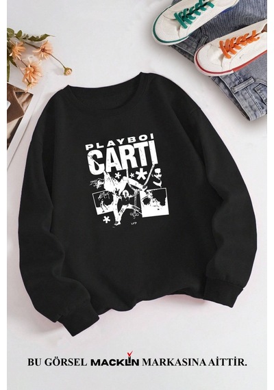 Macklin Unisex Kadın Erkek Playboi Carti Özel Tasarım Baskılı Bisiklet Yaka Sweatshirt Siyah Mck1304 Siyah