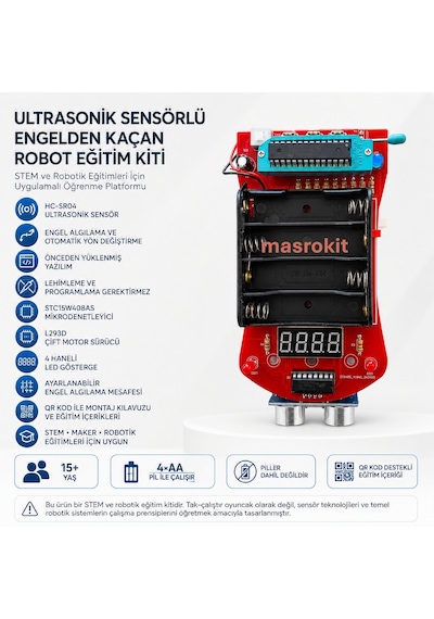Masrokit U2l-7716 Ultrasonik Sensörlü Engelden Kaçan Robot Eğitim Kiti Sarı Motorlu