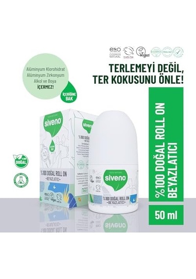 Siveno %100 Doğal Roll On Beyazlatıcı Etkili Deodorant Ter Kokusu Önleyici Bitkisel Lekesiz Vegan 50 Ml