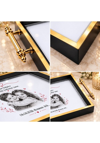 Bk Gift Kişiye Özel Fotoğraflı Siyah&gold Söz Nişan Tepsisi-2 - 39x23 Cm Çok Renkli