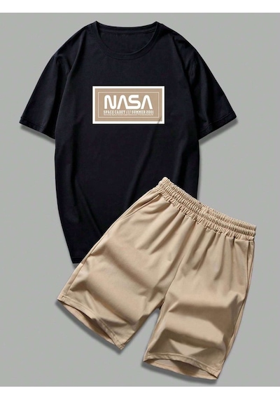 Nasa Summer T-shirt Şort - Siyah Bej Şort Tişört Takım Baskılı Oversize Bisiklet Yaka Siyah Bej Nasa Summer T-shirt Şort - Siyah Bej Şort Tişört Takım Baskılı Oversize Bisiklet Yaka Siyah Bej
