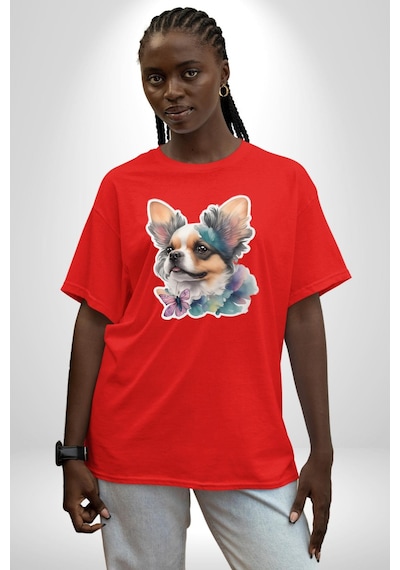 Chihuahua Köpek Pamuklu Bisiklet Yaka Unisex Oversize Boyfriend Dijital Baskılı Kırmızı T-shirt Kırmızı