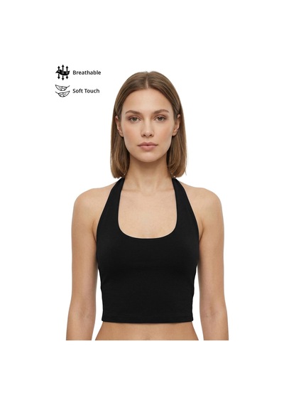 Cottonhıll Siyah Viskon Halter Yaka Sırt Dekolteli Kadın Crop Atlet