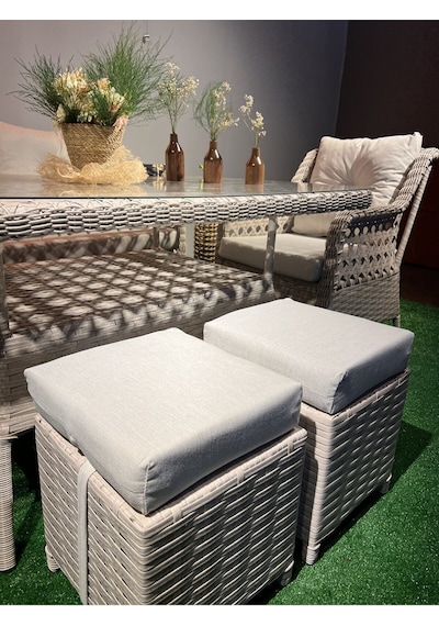 Depodunya Sercangarden Rattan Bahçe Balkon Teras Mobilyası Bahçe Takımı Oturma Grubu 7 Kişilik Bahçe Takımı Krem