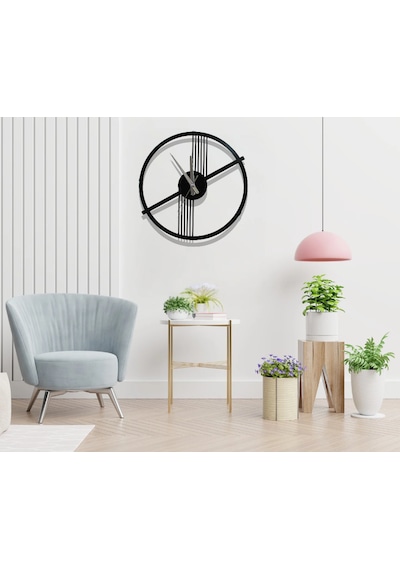 Retro Ve Modern Arası Şık Duvar Saati Siyah Metal, 40 Cm Siyah