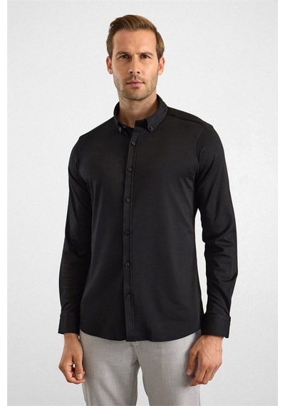 Süvari Siyah Slim Düğmeli Yaka Manşetli Casual Gömlek Sgm2025500003-s09