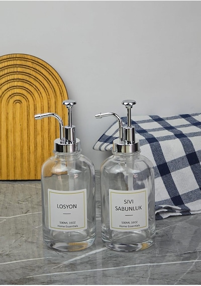 Cam Sıvı Sabunluk Seti - 2li Spreyli Losyon Ve Sabun Dispenseri - 2x500 Ml Şeffaf