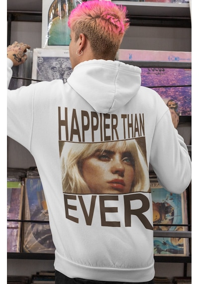 Sevbano Billie Eilish Happier Than Ever Şarkıcı Sırt Baskılı Unisex Overs beyaz