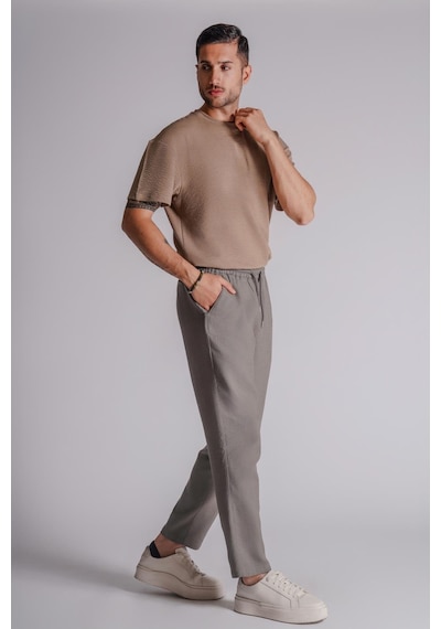 Erkek Yandan Cepli Beli Lastikli Keten Dokulu Relaxed Fit Jogger Pantolon Haki Haki