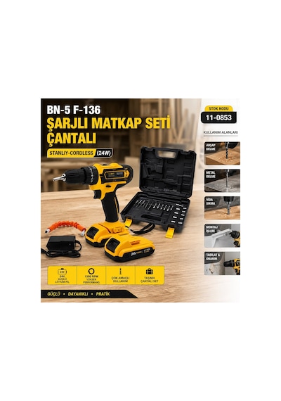 Bn-5 F-136 Şarjlı Matkap Seti Çantalı 24w 1350 Rpm Banco-200 Sarı Stanlıy-cordless