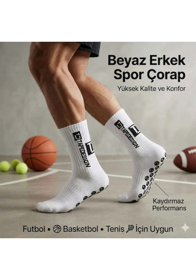 Elitse Kaydırmaz Futbol Basketbol Tenis Erkek Spor Çorap, Beyaz, Kaymaz Çorap Tabanlı, Dikişsiz Ve Parfümlü, Yüksek Kalite