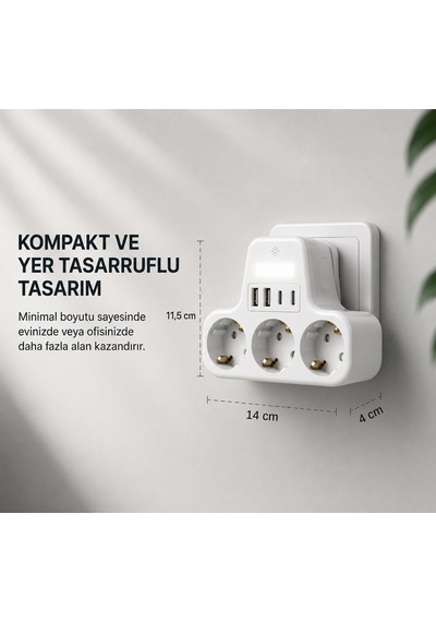 3 Lü Duvar Tipi Akım Korumalı Priz 2 Usb-a + 2 Type-c Girişli Led Gece Lambalı Akıllı Çoklu Priz 0