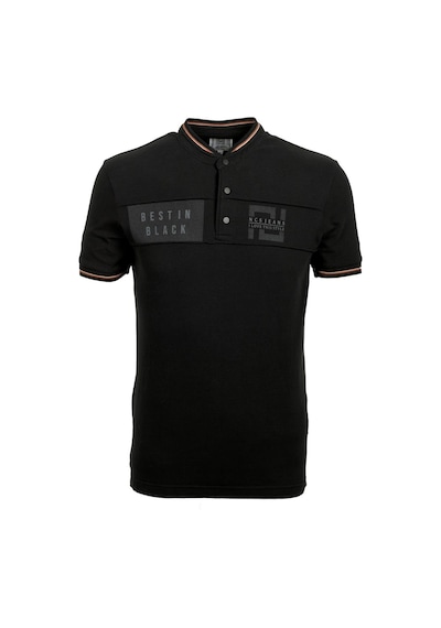Erkek Siyah Slim Fit Hakim Yaka Ribanalı Baskılı %100 Pamuk T-shirt Jeans 1975-siyah Siyah