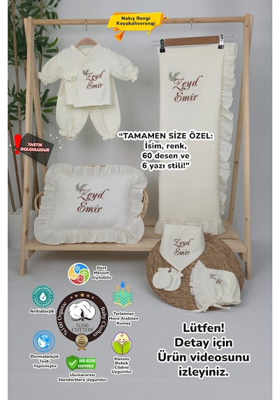 Gros Shop Müslin Yeni Doğan 4katlı Organik %100pamuk Kişiye Özgü Nakışlı Hastane Çıkış Seti İkili Dal Model-5 Ekru-2
