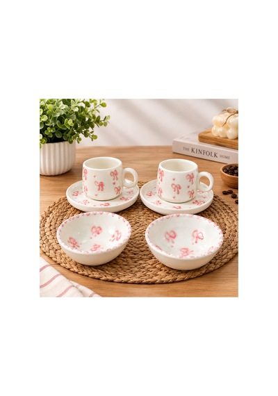 Kase Li 2 Li Fincan Takımı Fiyonk Desen Pembe Pembe