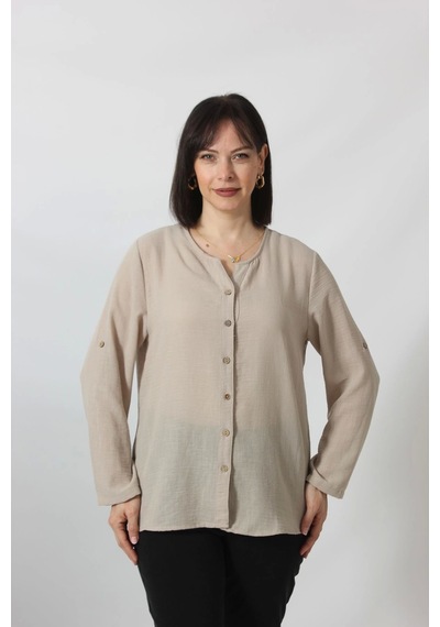 Moda Berray Tb-069 Keten Kolu Apoletli Sıfır Yaka Büyük Beden Taş Rengi Gömlek Bej