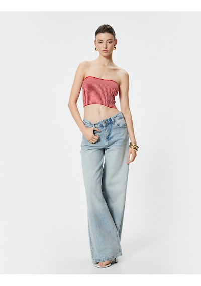 Koton Straplez Kroşe Crop Üst Kırmızı Çizgili 4sak30141ht Kırmızı Çizgili