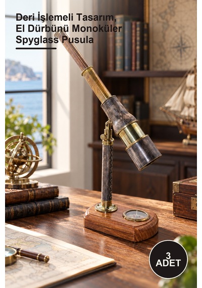 3 Adet Pirinç Ayaklı Pusulalı Dürbün Deri İşlemeli Tasarım, El Dürbünü Monoküler Spyglass Pusula Diğer