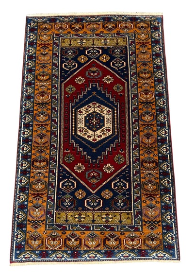 El Dokuması Yahyalı Halısı 122x210 Kök Boyası Kırmızı Lacivert %100 Yün Halı Renkli