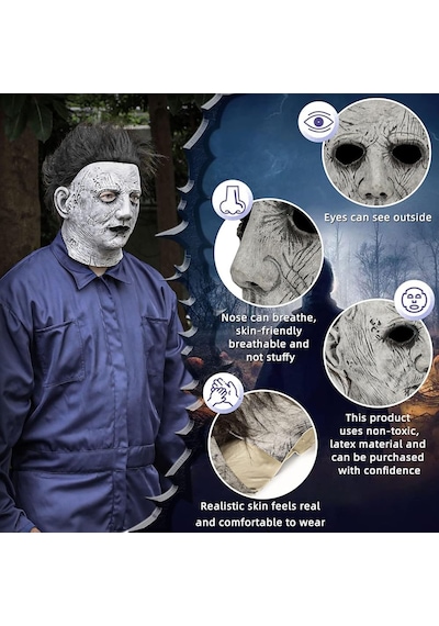 Siyah - 848 - Saçlı Michael Myers Lateks Yüze Tam Yapışan Et Maske - Csmo-tex - Korku Maskesi Yetişkin
