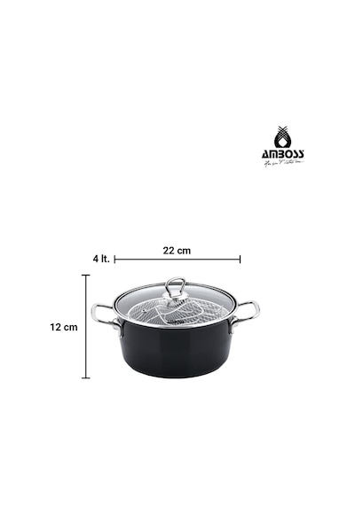 Crispella 22 Cm Cam Kapaklı Emaye Kızartma Tenceresi - Siyah Siyah