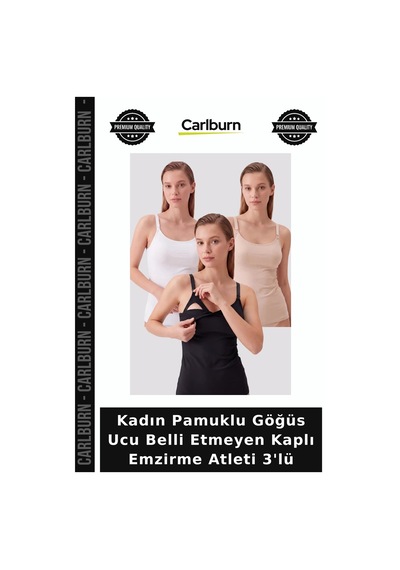 Carlburn Özel Üretim Kadın Pamuklu Göğüs Ucu Belli Etmeyen Kaplı Emzirme Atleti 3'lü Pratik Stüdyo Temel Beyaz-siyah-ten