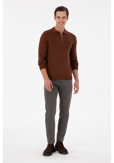 U.S. Polo Assn. Erkek Slim Fit Yarım Fermuarlı Kahverengi Basic Kazak 50297066-VR158