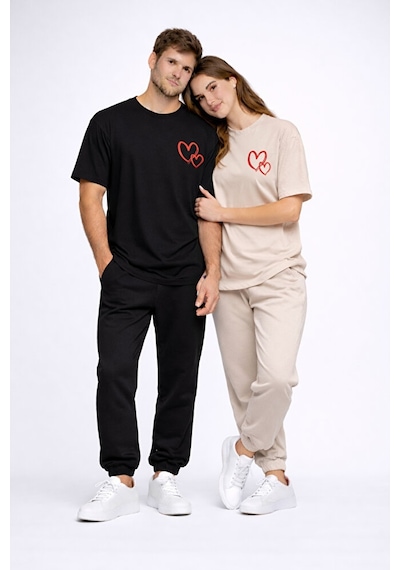 Sevgili Kombini Kalp Baskılı Oversize Çift Tişört Unisex Uyumlu P Bej