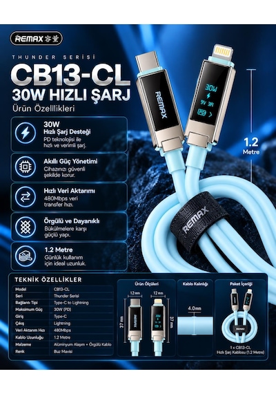 Remax Cb13-cl Thunder Serisi 30w Oled Ekranlı Bluetooth App Kontrollü Type-c To Lightning Hızlı Şarj Ve Data Kablosu 1.2 Metre Buz Mavisi