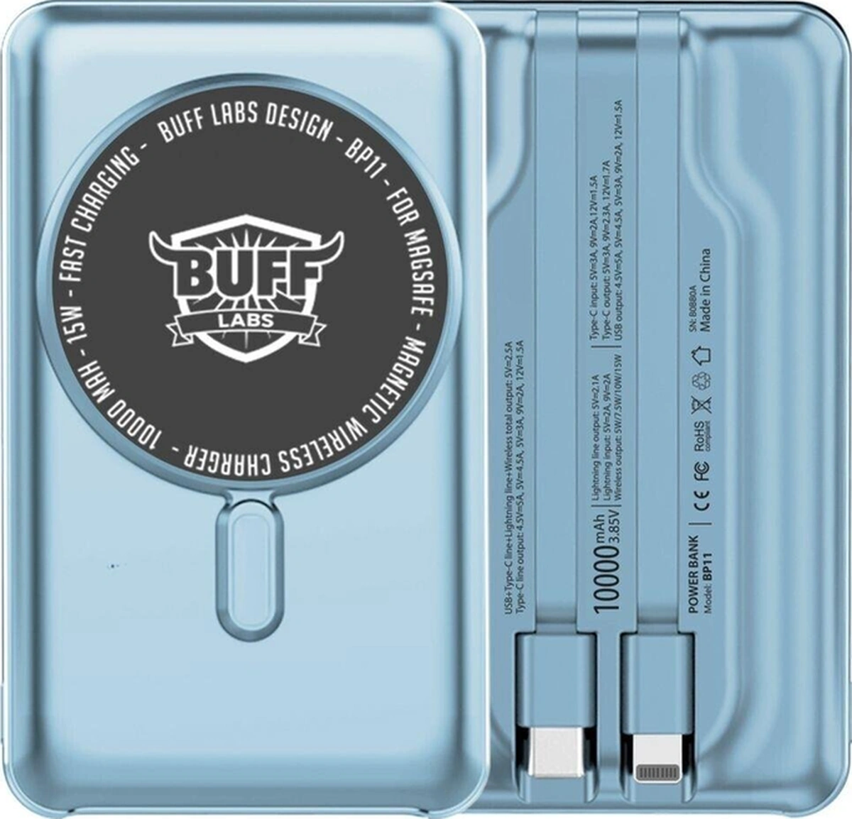 Buff Bp11 10000mah Magsafe Uyumlu Dahili Kablolu Powerbank Blue-18854 Düz
