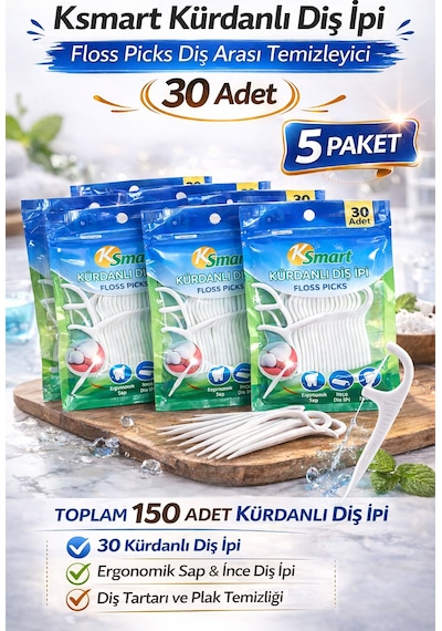 Hemengo Ksmart Kürdanlı Diş İpi 30 Adet Floss Picks Diş Arası Temizleyici 5 Paket Hmngobzs