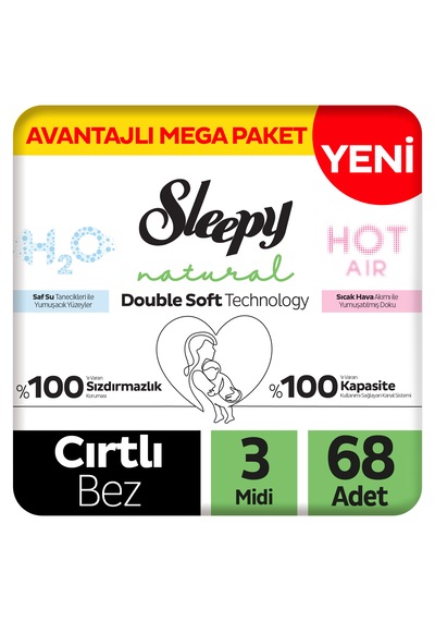 Sleepy Natural Double Soft Avantajlı Mega Paket Bebek Bezi 3 Numara Midi 68 Adet