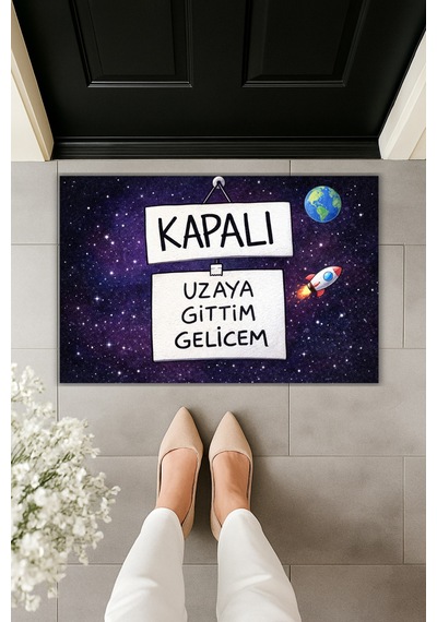 Rugmood Modern Dijital Baskı Paspas - Uzaya Gittim Gelicem - Kapı Önü Paspası Çok Renkli