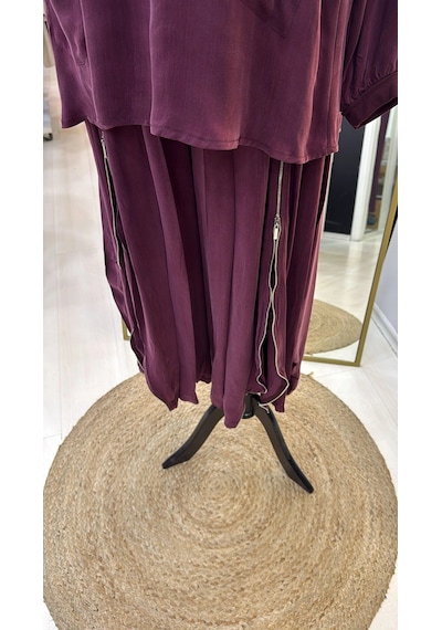 Misswhence İçi Pantolonlu Cupra İpek Tunik Şalvar Takım 39004 Bordo Bordo