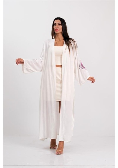 Veraura Lifestyle Beyaz Sırtı Ve Kolları Nakışlı Püsküllü Uzun Kimono