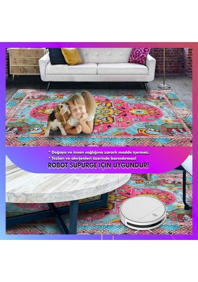 Adoni Desenli Kadife Pamuk Tabanlı Yıkanabilen Kaydırmaz Antibakteriyel Salon Halısı 60x190 Çok Renkli