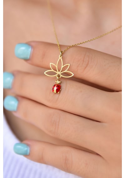 Papatya Silver 925 Ayar Gümüş Altın Kaplama Uğur Böceği Lotus Çiçeği Kolye