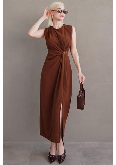 Madmext Kahverengi Bronşlu Midi Boy Kadın Elbise Mg2418 Kahverengi