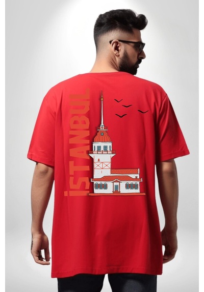 İstanbul Kız Kulesi Türkiye Kırmızı Oversize Unisex Ön Ve Sırt Baskılı Tişört Kırmızı