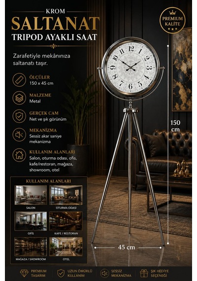 Krom Saltanat 150 X 45 Cm Metal Tripod Ayaklı Saat