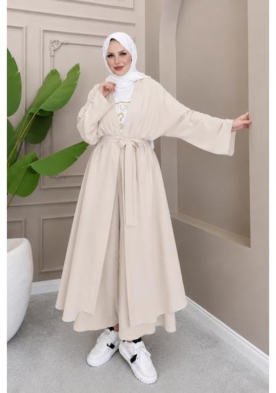 Balenbi Kadın Kuşaklı Kimono Hırka Bol Paça Pantolon Takım Tesettür 2'li Kombin 1230 Taş