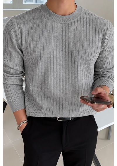 Erkek Bisiklet Yaka Slim Fit Triko Kazak Gri