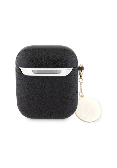 Apple Uyumlu AirPods Kılıf Guess Lisanslı Glitter Elmas Kalp Süs Zincirli Siyah