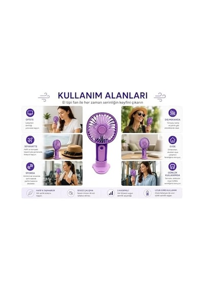 Mini El Fanı Usb Şarjlı Type-c Bağlantılı 3 Kademeli Taşınabilir Elektrikli Fan Masaüstü Ve El Tipi Kullanım Mor Renk Serinletici Fan