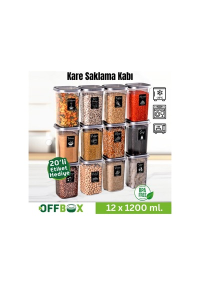 Offbox Kare Bakliyat Baharat Gıda Saklama Kabı - 1.2 Lt. - 12 Adet Antrasit Şeffaf