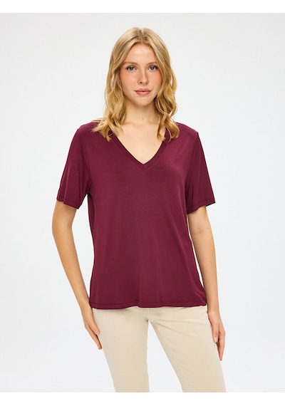 Faik Sönmez V Yaka Kısa Kol T-shirt W27tsh001 Bw27tsh00140 Bordo